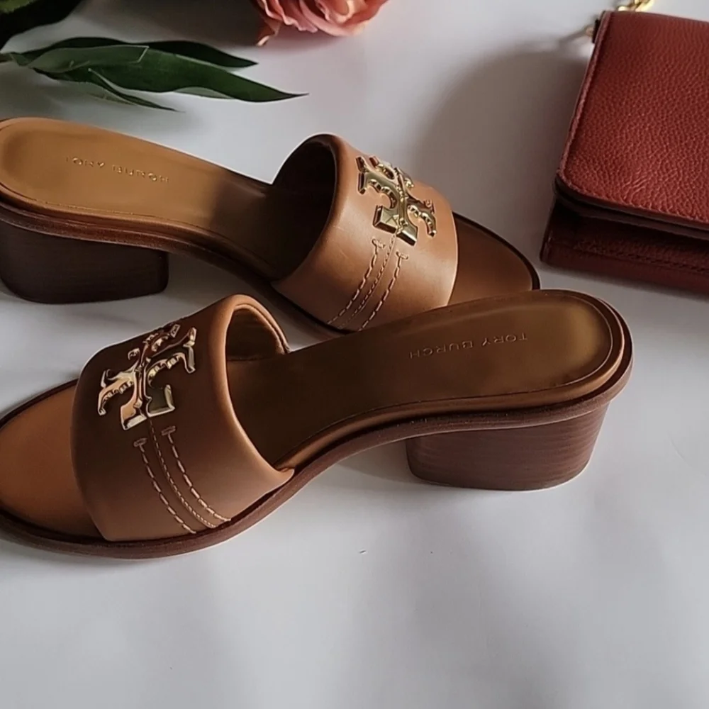 ⭐️Tory Burch womens Peep-toe Tan Slide Sandals with Gold Logo - Picture 8 of 16